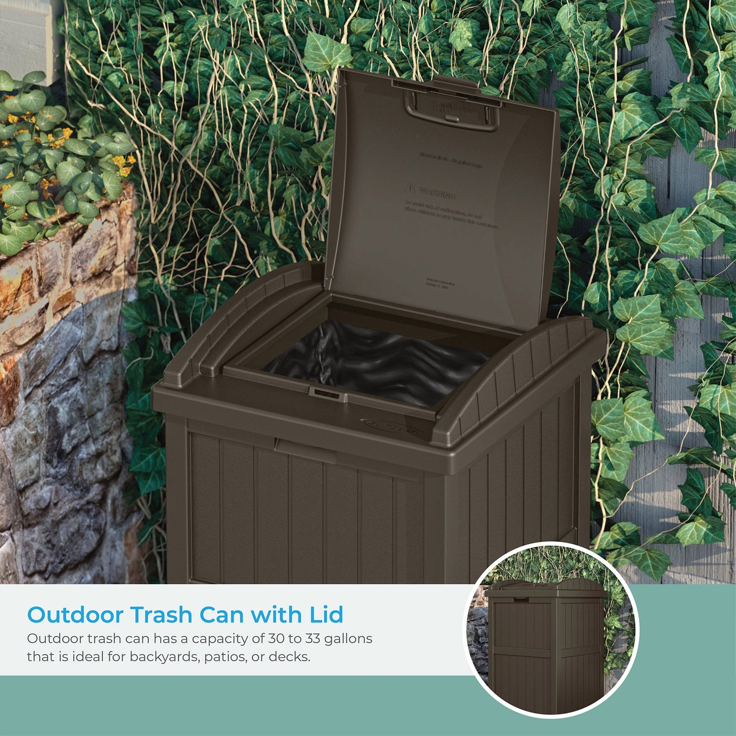 Suncast 33 Gal Hideaway Backyard Garbage Can with Secure Lid in Java Brown