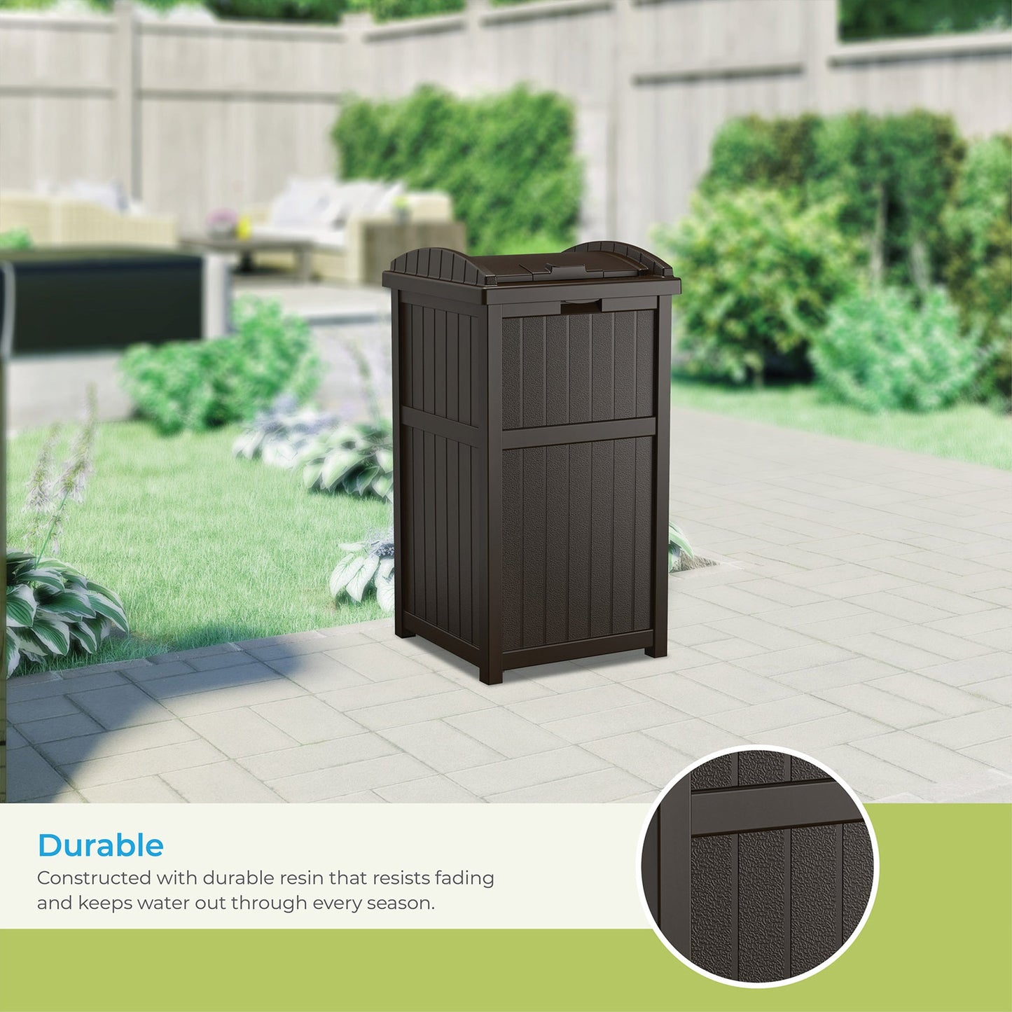 Suncast 33 Gal Hideaway Backyard Garbage Can with Secure Lid in Java Brown