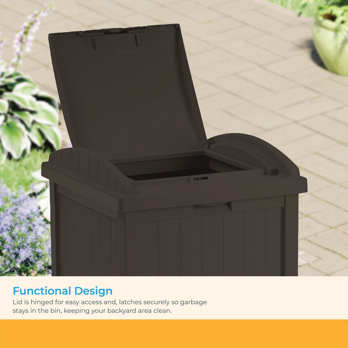 Suncast 33 Gal Hideaway Backyard Garbage Can with Secure Lid in Java Brown
