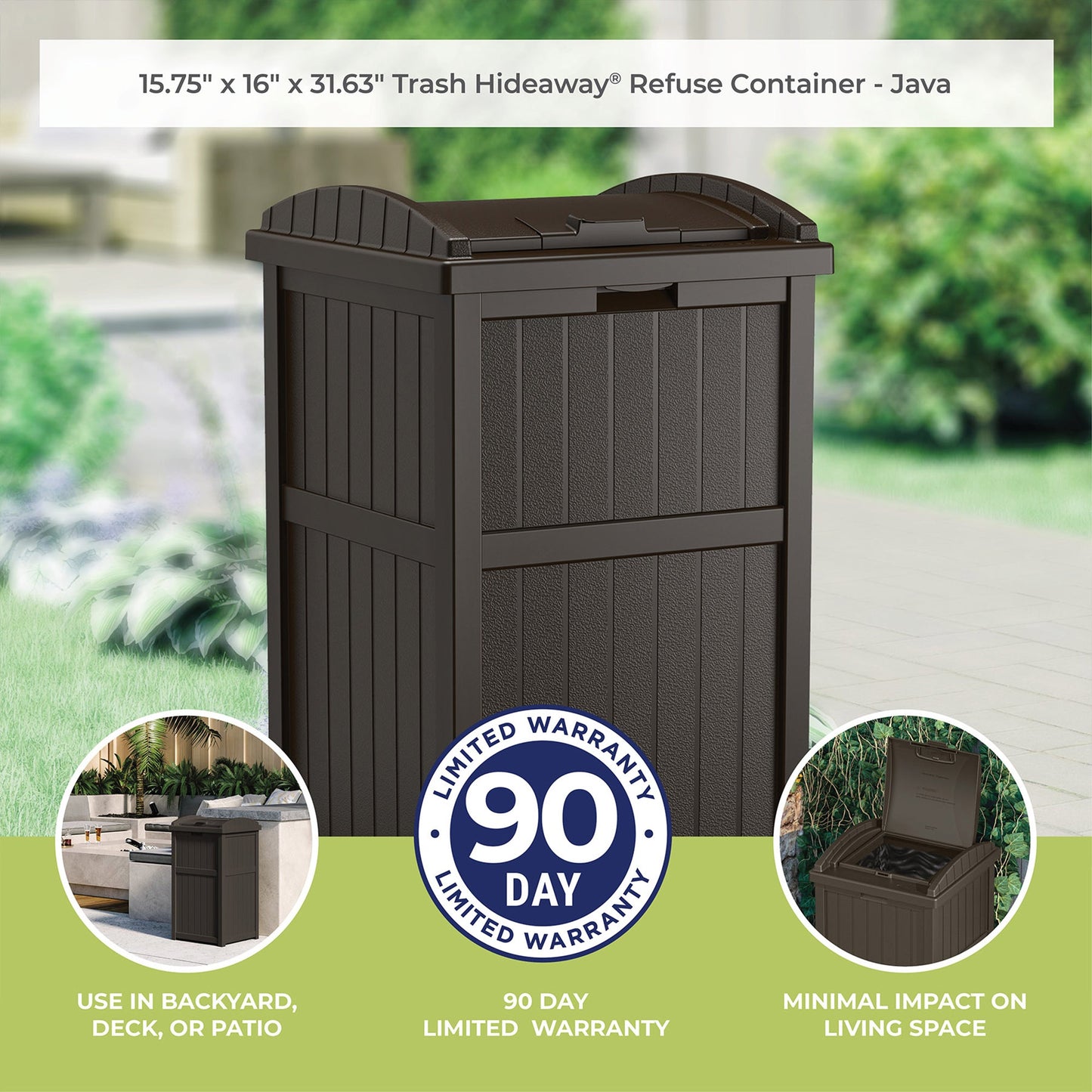 Suncast 33 Gal Hideaway Backyard Garbage Can with Secure Lid in Java Brown