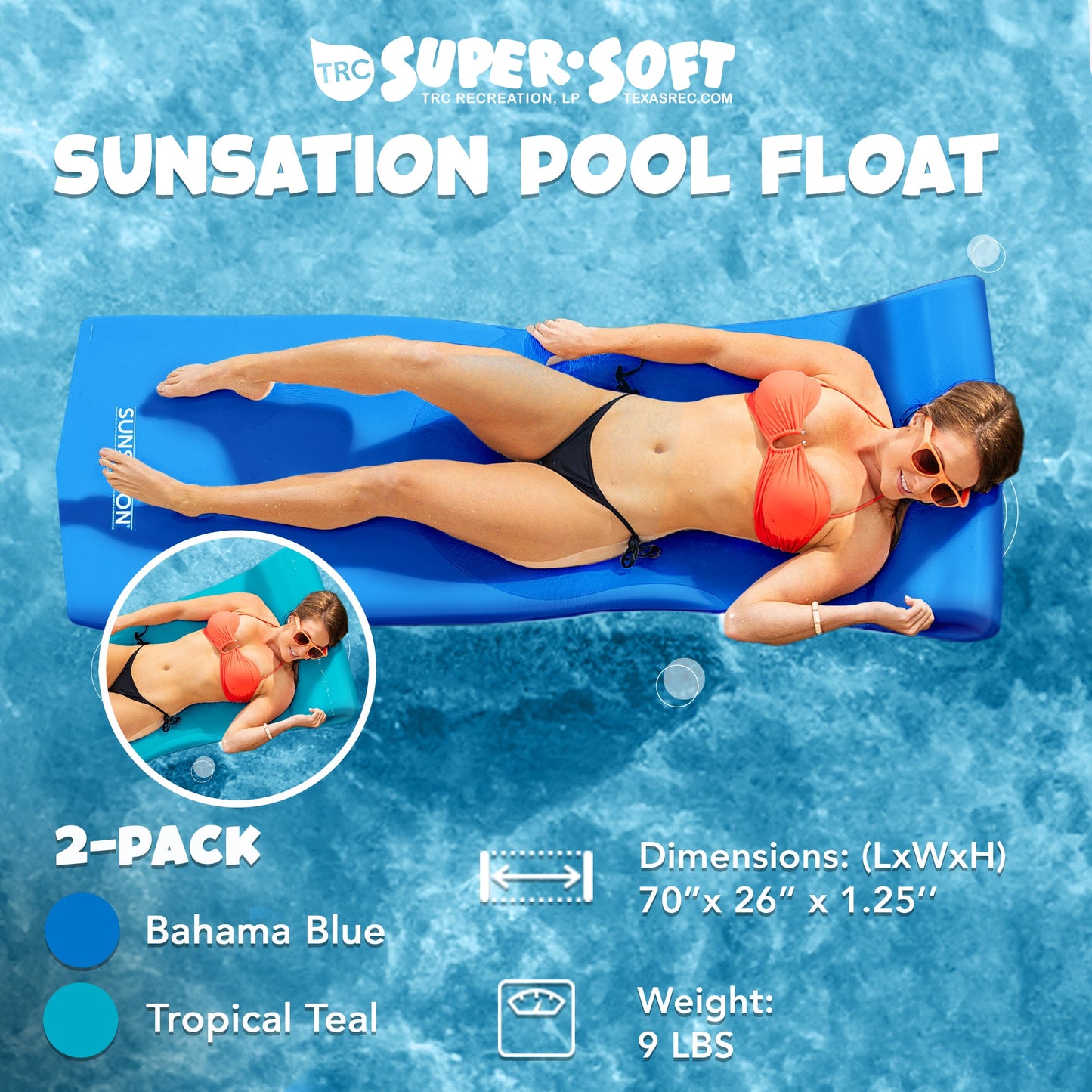Bahama Blue & Tropical Teal TRC Recreation Sunsation Foam Lounger Pool Floats