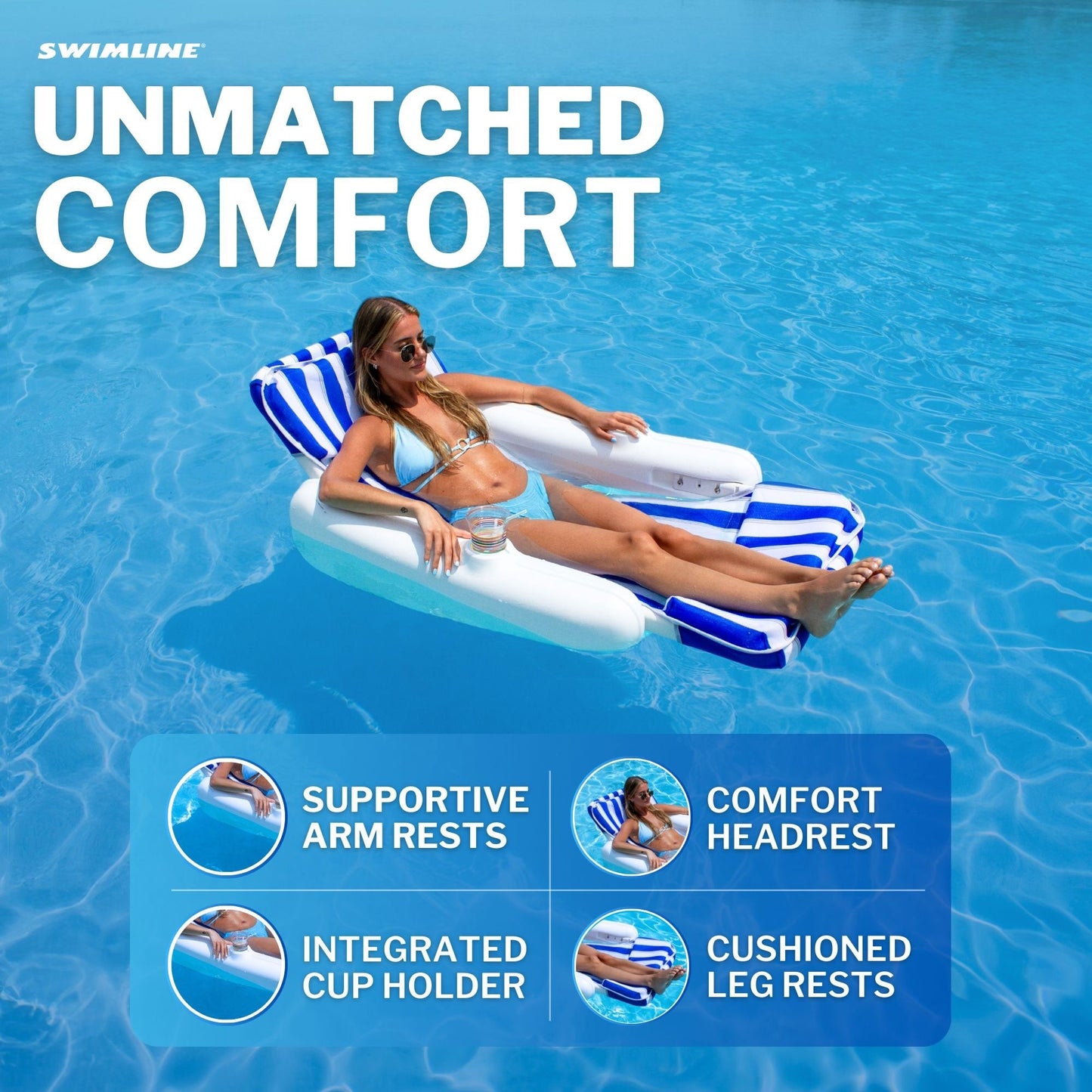 Swimline SunChaser Padded Floating Luxury Pool Lounge Sling Chair, Blue/White