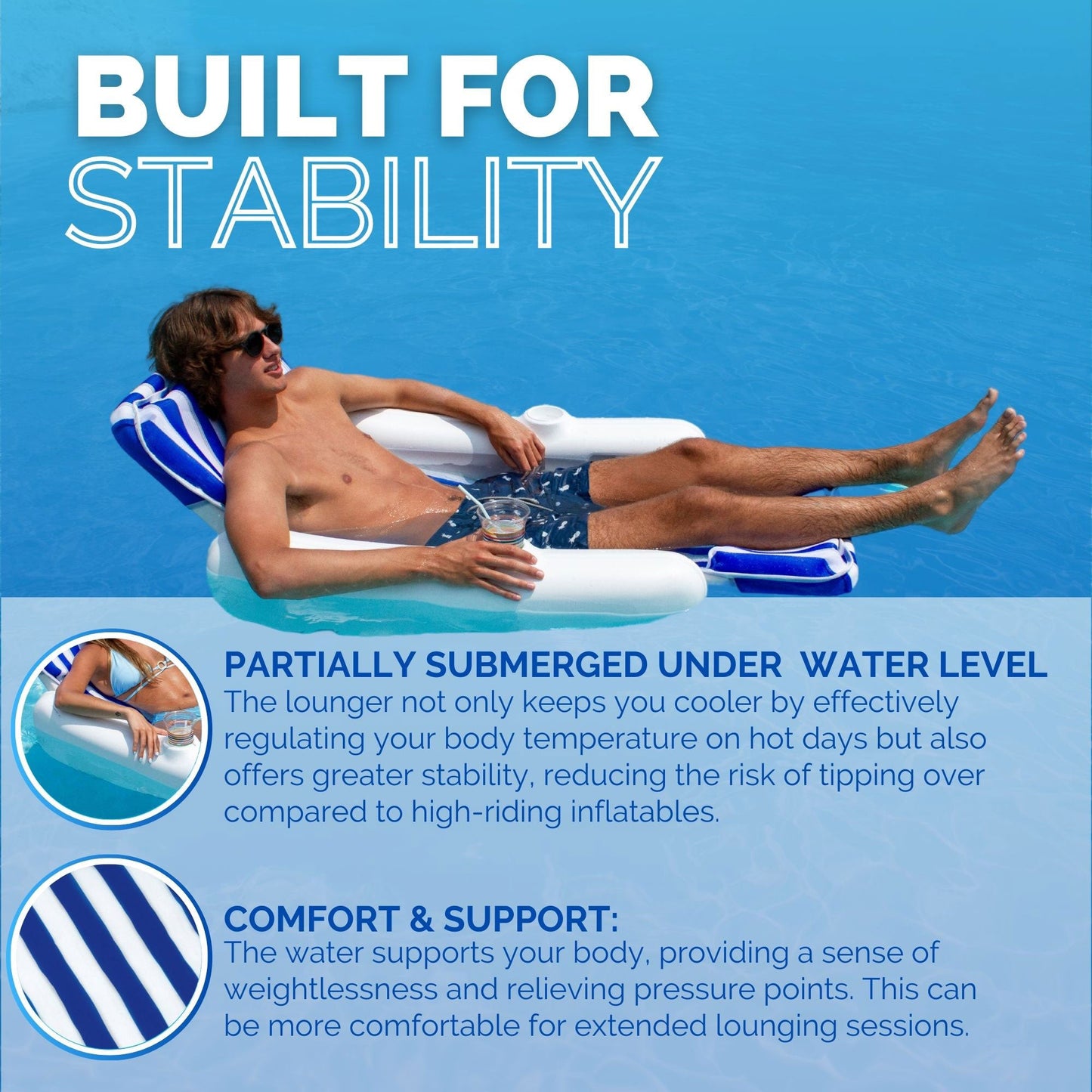 Swimline SunChaser Padded Floating Luxury Pool Lounge Sling Chair, Blue/White
