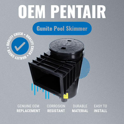 Pentair 506365 Black Gunite Bermuda 2" Slip Port Skimmer Body With Lid Grey Background Key Features Image