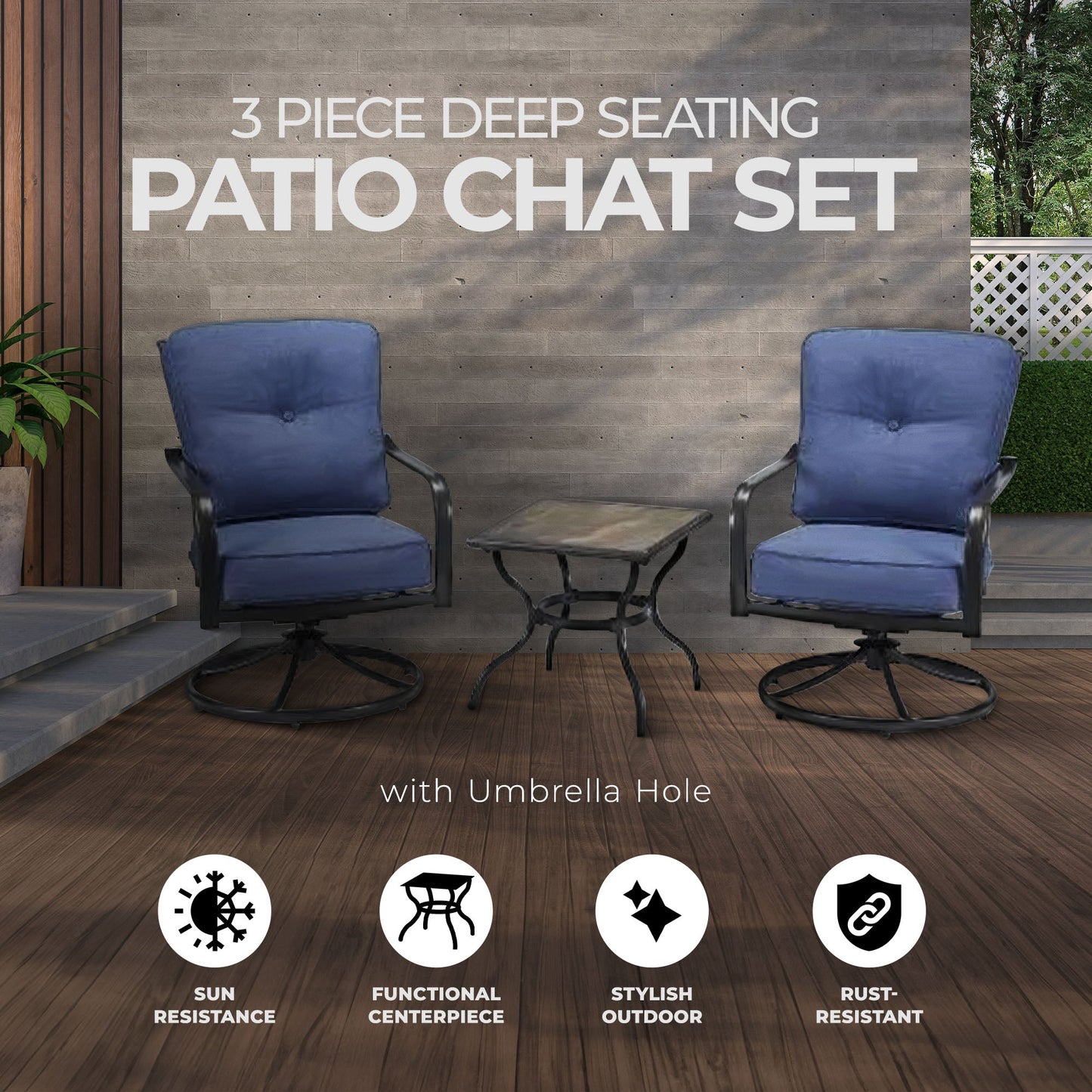 Four Seasons Courtyard Beaumont 3 Piece Deep Seating Patio Chat Set in Denim/Brown