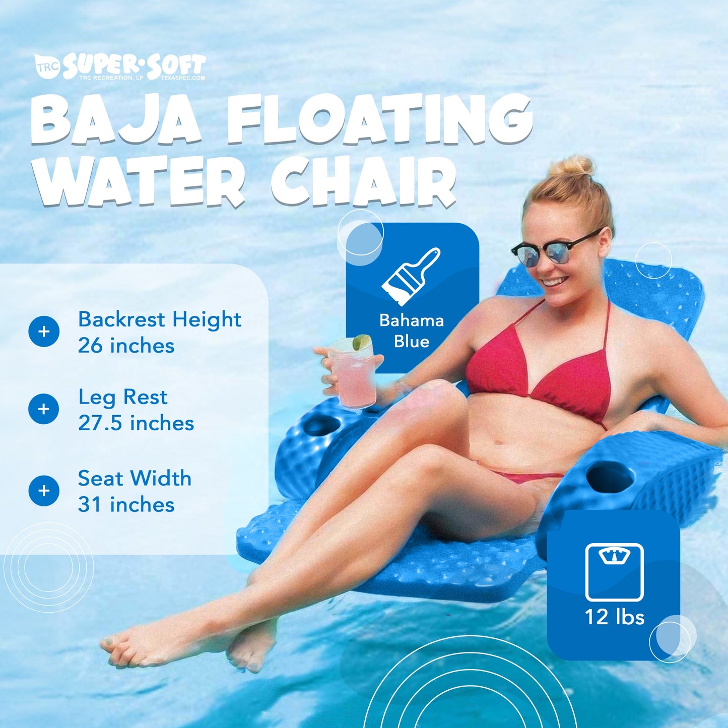 TRC Recreation Folding Baja Chair Swimming Pool Float Armchair, Bahama Blue