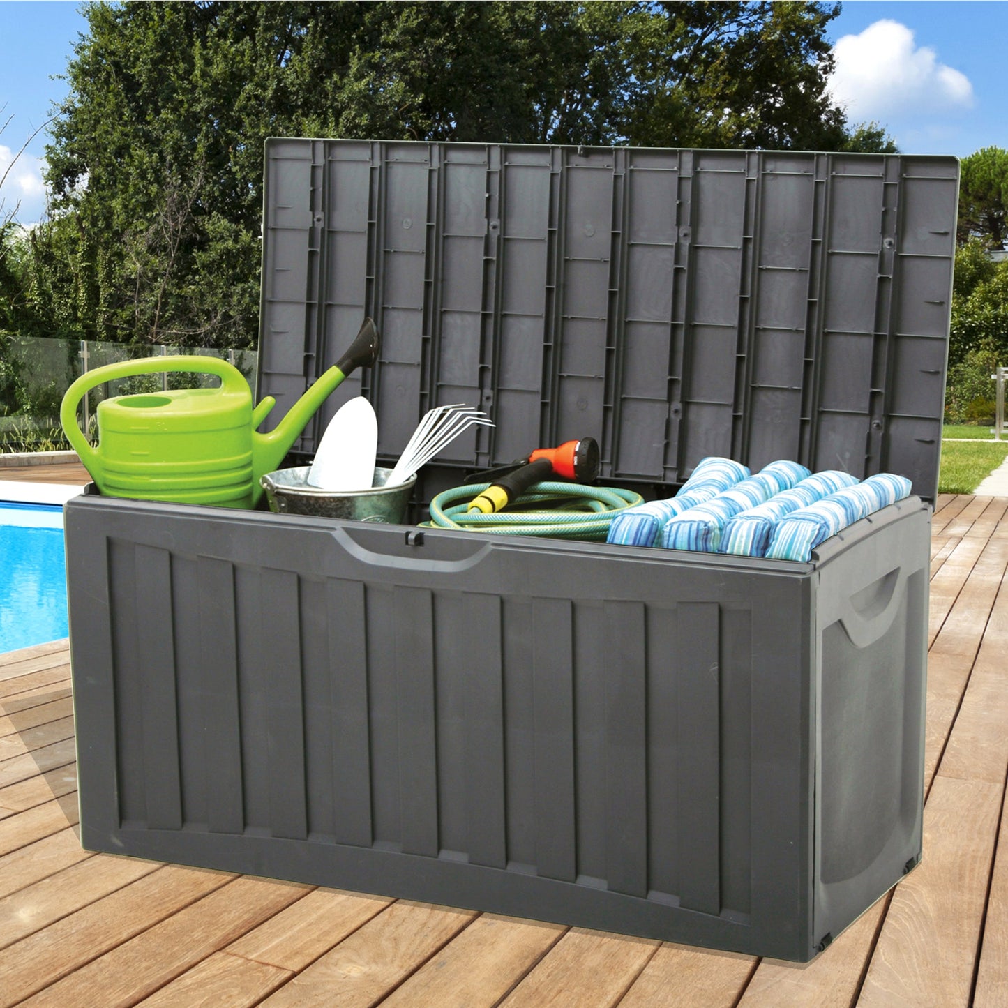 Ram Plastic 90 Gal Outdoor Locking Storage Bin Deck Box in Gray