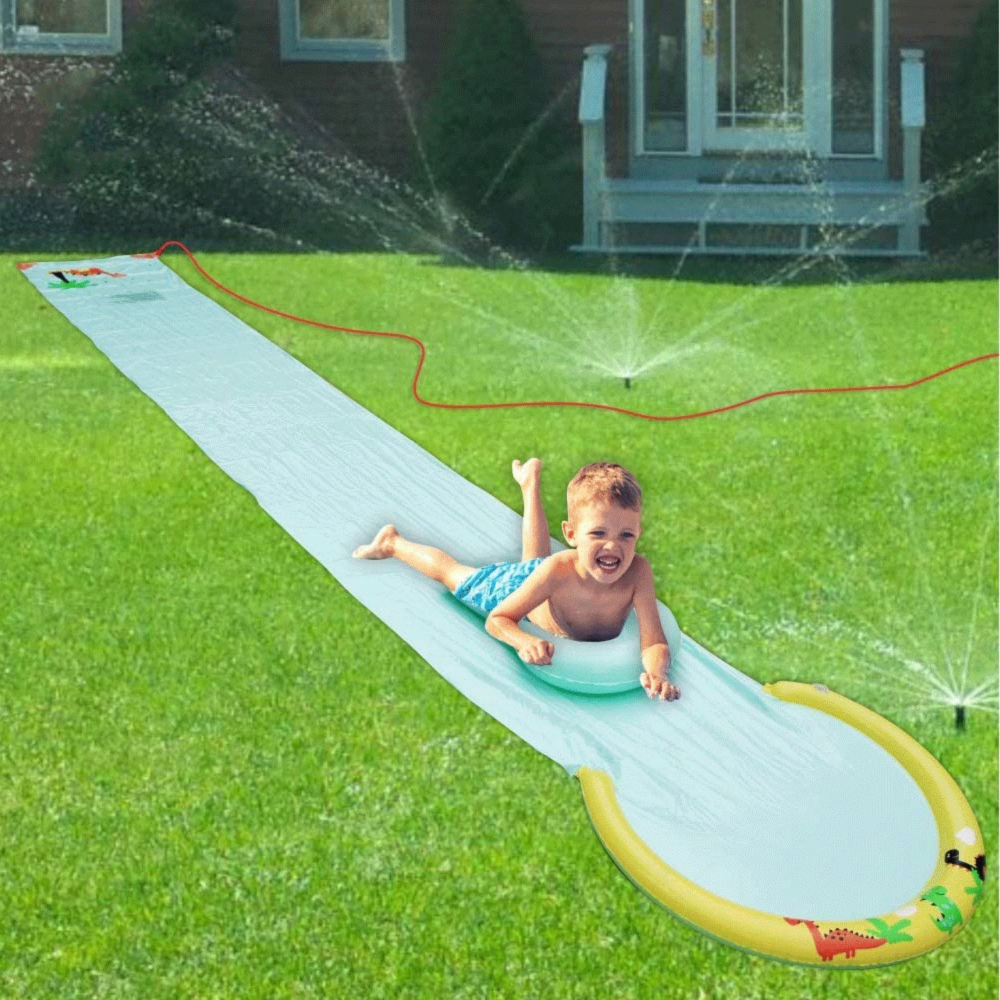 Hoovy Giant 16 Foot Kids Backyard Water Splash Slip and Slide Toy with Bodyboard