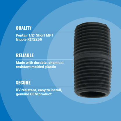 Pentair 1/2" Short MPT Nipple R172256 Blue Background Specs Image