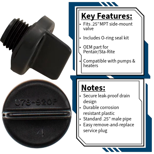 Pentair U178-920PZ Multiport Valve Drain Plug with O-Ring Notes and Key Features