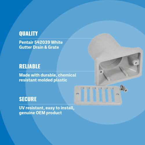 Pentair 542039 2-1/2" x 6" White Gutter Drain & Grate Blue Background 