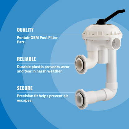 Pentair 261050 Sand Multiport Valve, HIFLO Side Mount Blue Background Specs Image 