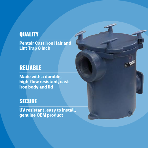 Pentair PKG98 Cast Iron Hair and Lint Trap 8 inch with 3 inch Suction Blue Background Specs Image