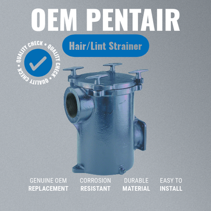 Pentair PKG98 Cast Iron Hair and Lint Trap 8 inch with 3 inch Suction Grey Background Key Features