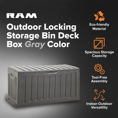 Ram Plastic 90 Gal Outdoor Locking Storage Bin Deck Box in Gray