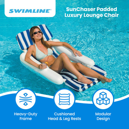 Swimline SunChaser Padded Floating Luxury Pool Lounge Sling Chair, Blue/White